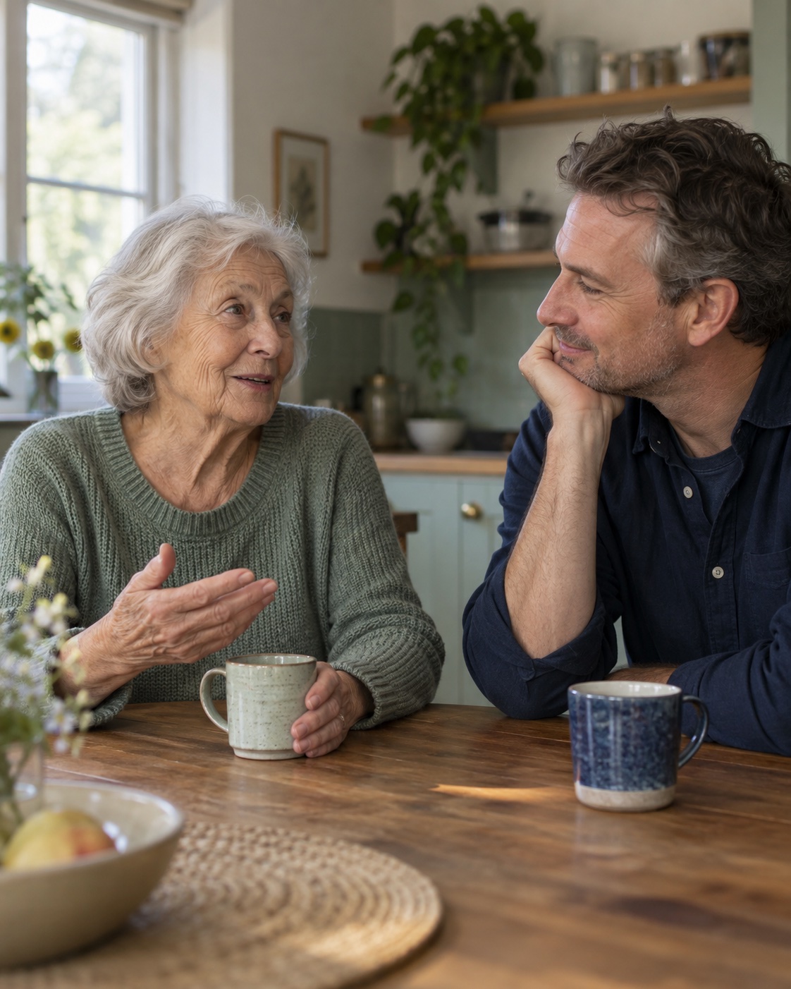 An older mother sharing a story with her middle-aged son at the kitchen table